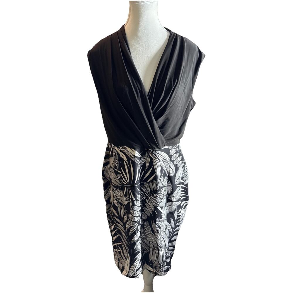 Dressbarn Black & White Leaf Print Faux Wrap Dress Size 12 Sleeveless Office